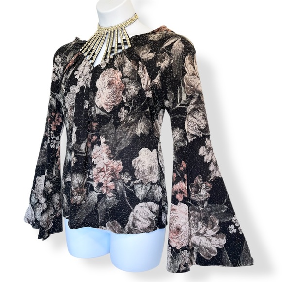 Venus Floral Metallic Caged Halter Top Bell Sleeves Black Gold Size Medium - Picture 15 of 15
